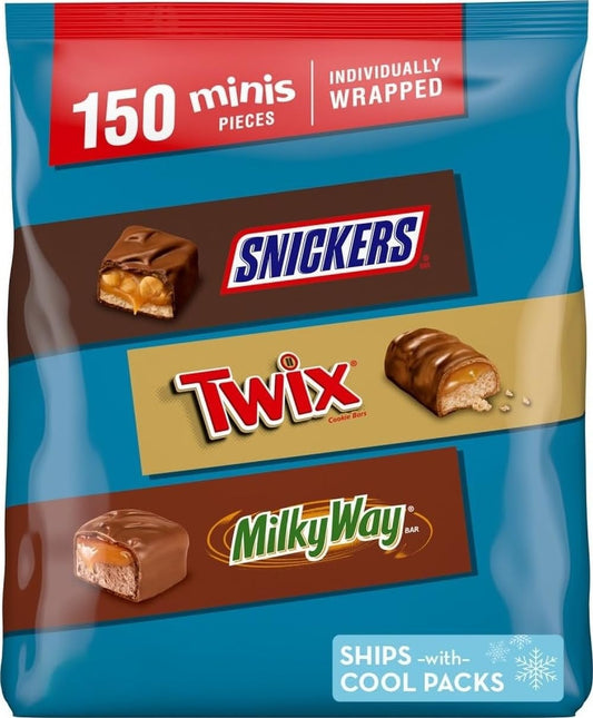SNICKERS, TWIX, & MILKY WAY Minis Chocolate Candy Bars Variety Pack, 150 Ct Bulk Bag