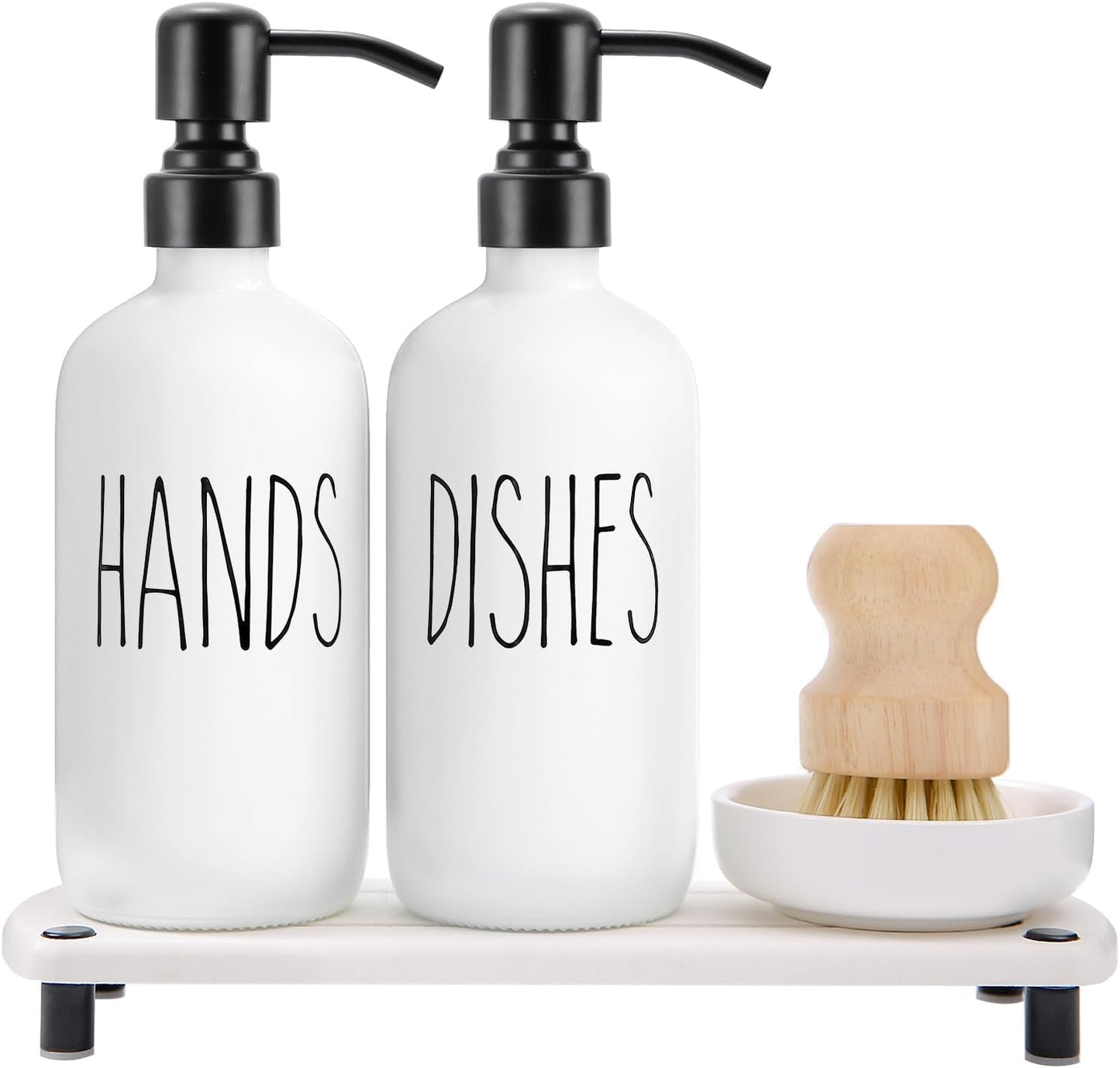 MOMEEMO Gold Soap Dispenser Set Comes with Stainless Steel Pumps | Instant Dry Tray and Dish Scrub Brush, Suitable for Kitchen Decor and Accessories