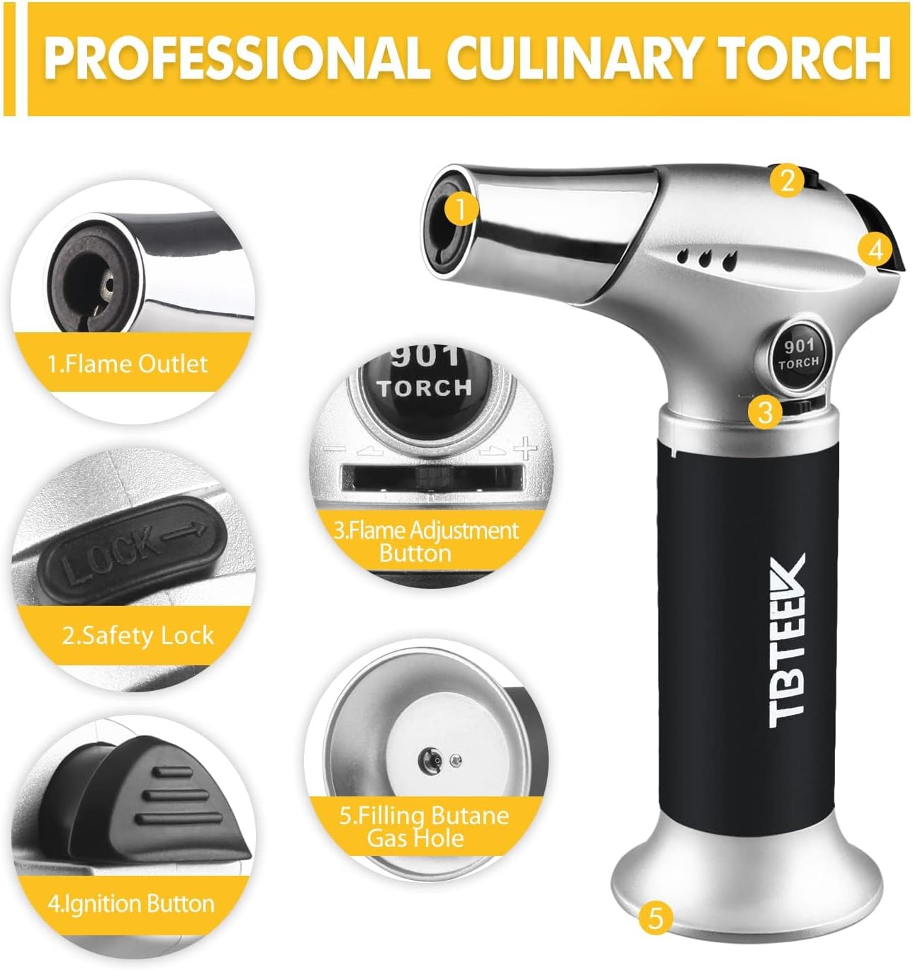 TBTEEK Butane Torch, Kitchen Torch Cooking Torch with Safety Lock & Adjustable Flame for Cooking, BBQ, Baking, Brulee, Creme, DIY Soldering(Butane Not Included)
