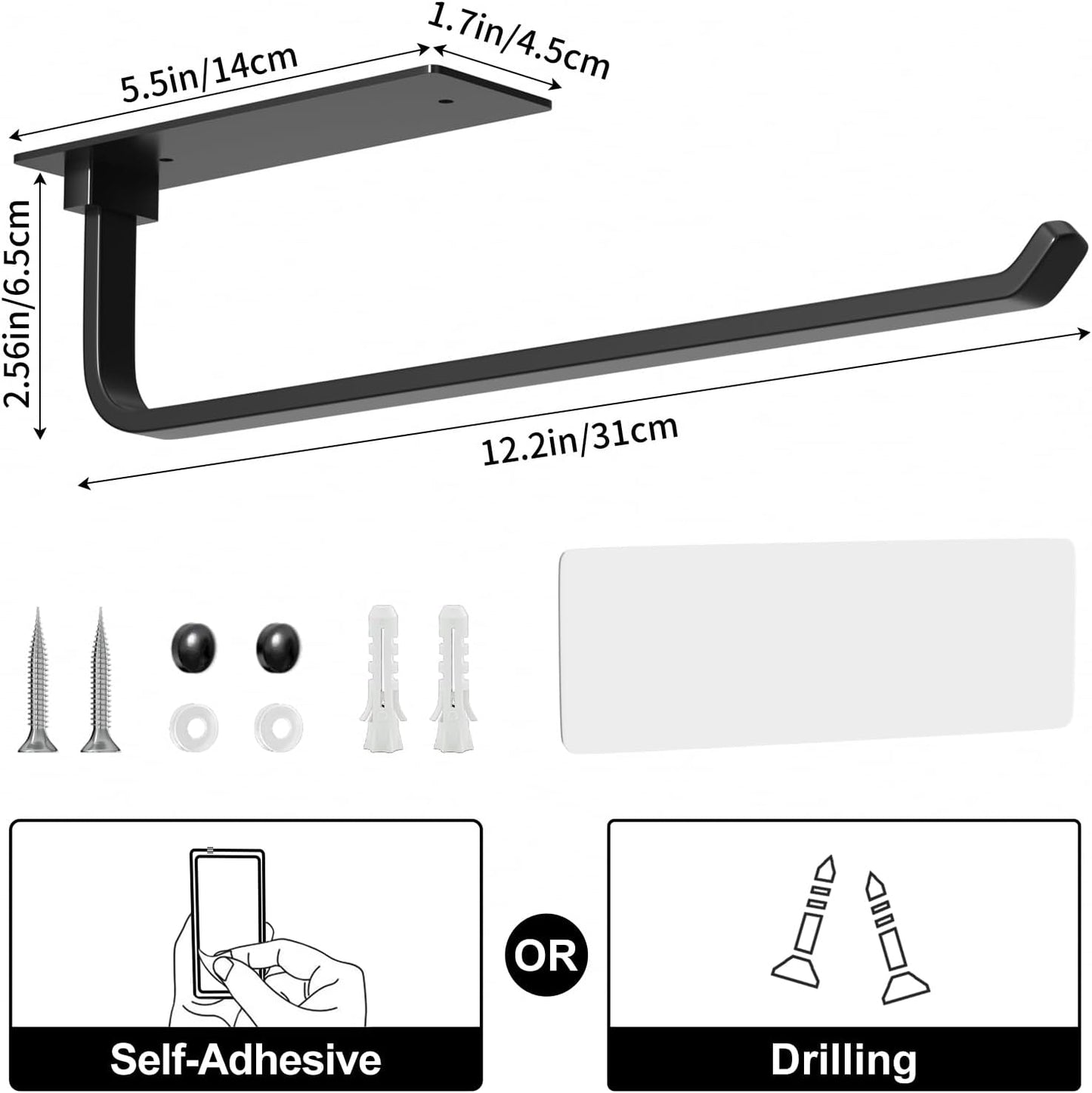 Paper Towel Holder - Self-Adhesive or Drilling, Matte Black | Under-Cabinet or Wall-Mounted | Kitchen Roll Dispenser | Upgraded Aluminum | Lighter Yet Stronger Than Stainless Steel