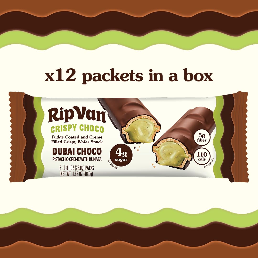 Rip Van Dubai Choco Bars – Healthy Snack with Creamy Pistachio & Toasted Kunafa – Dubai Choco Flavor – 4g Sugar, 5g Fiber – Guilt-Free Indulgence – 12 Pack