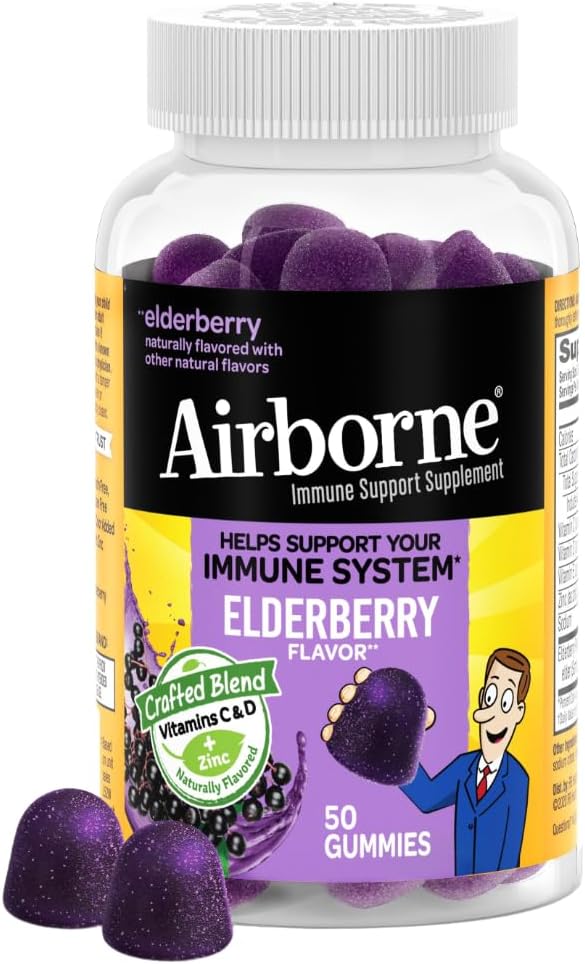 Airborne Elderberry + Zinc & Vitamin C Gummies For Adults, Immune Support Vitamin D & Zinc Gummies With Powerful Antioxidant Vitamins C D & E - 50 Gummies, Elderberry Flavor