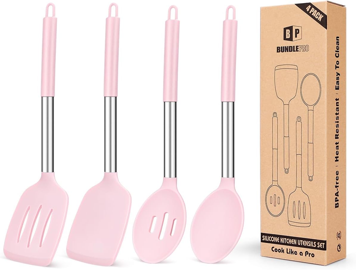 Pack of 4 Silicone Cooking Utensils Set, Non Stick Large Solid Spatulas, Heat Resistant Black Slotted Spoons, Ideal BPA Free Kitchen Turners for Frying, Mixing,Serving,Draining,Turning,Stirring