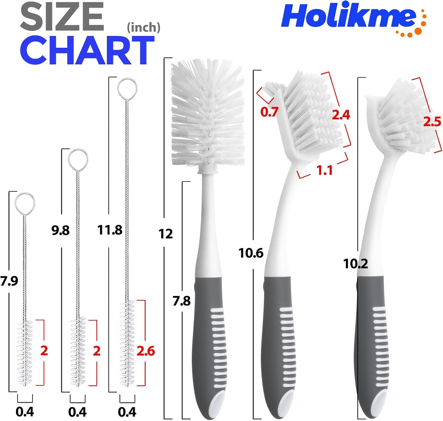 Holikme 6 Pack Dish Brush Set with Bottle Brush, Dish Scrub Brush,Gray | Pan Brush and 3 Straw Brushes, Deep Cleaning Handle Brush with Scraper Tip for Kitchen Sink Dishes Bottle Cup Pot and Pans
