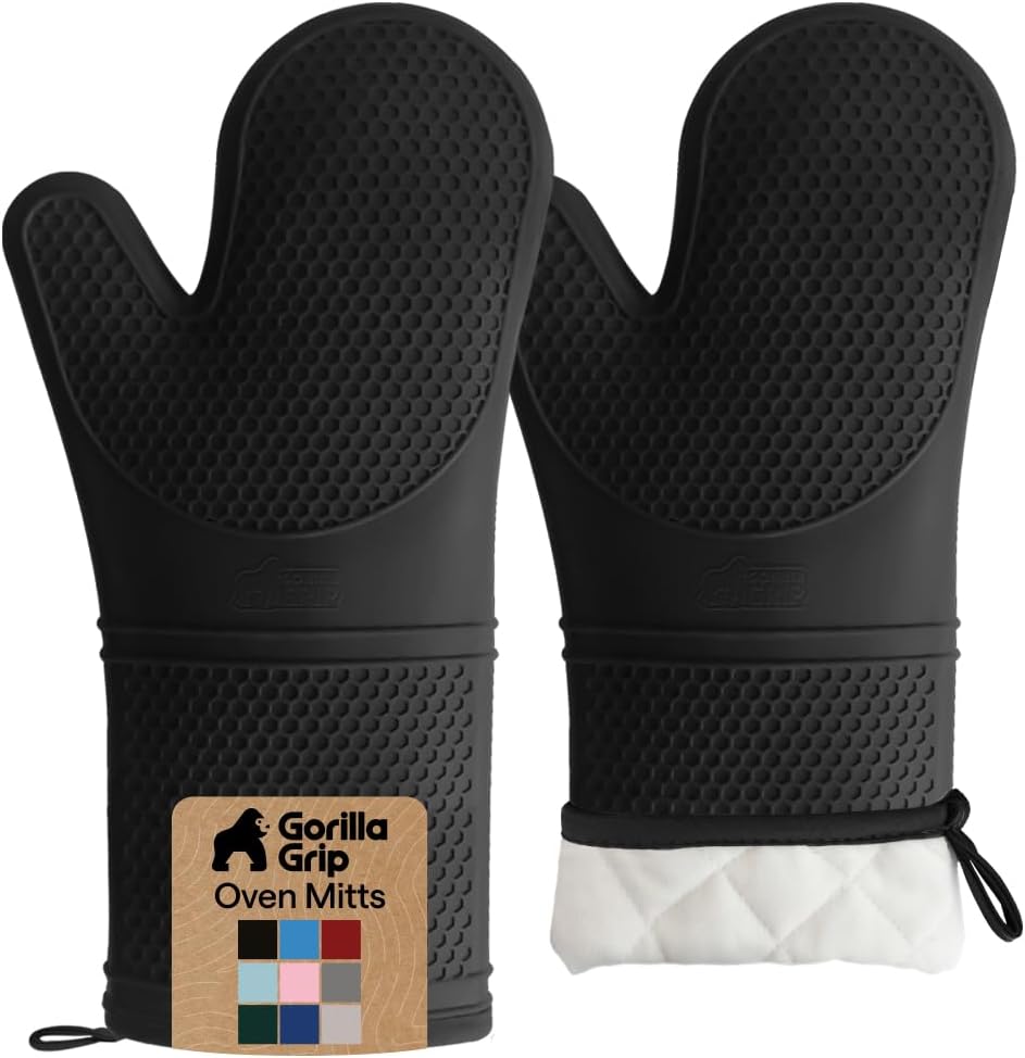 GORILLA GRIP BPA-Free Soft Silicone Oven Mitts, 550F Heat Resistant Waterproof Cooking Safety Gloves, Thick Cotton Lining, Flexible Gripping for BBQ Grilling, Kitchen Potholders Set, 12.5x8.3, Black