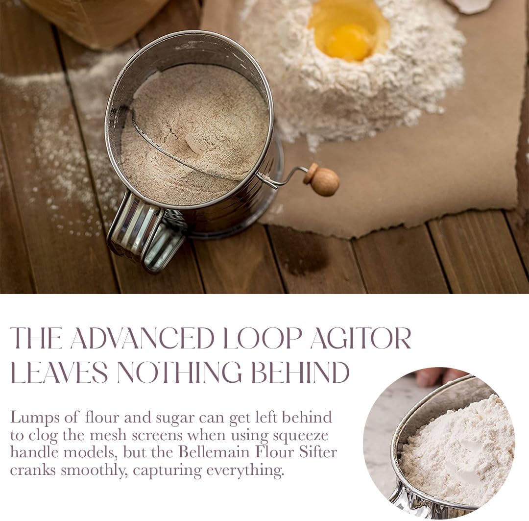 Bellemain 3 Cup Flour Sifter for Baking Fine Mesh Rotary Hand Crank with Loop Agitator for Quick Sifting, Flour Sifter Stainless Steel