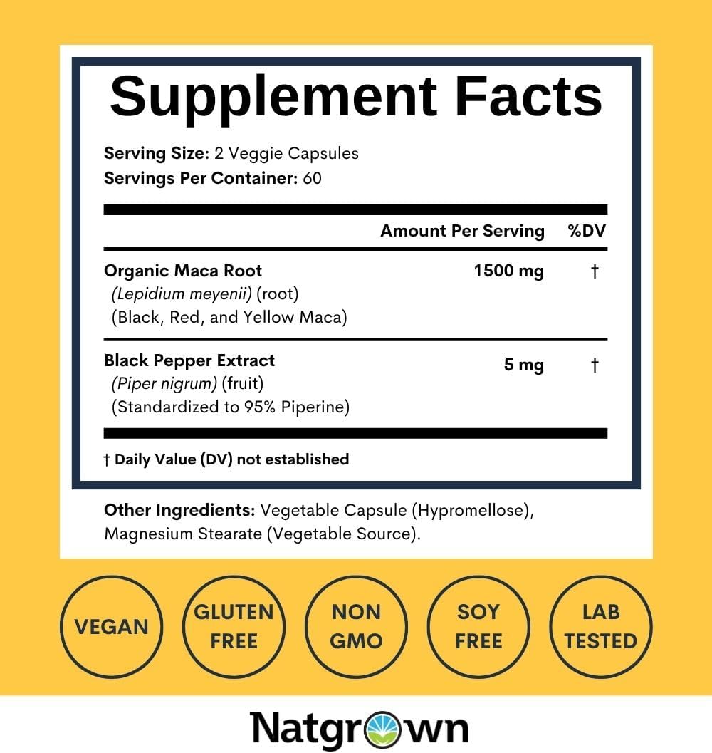 Natgrown Organic Maca Root Powder Capsules 1500mg Non-GMO Gluten-Free Vegan