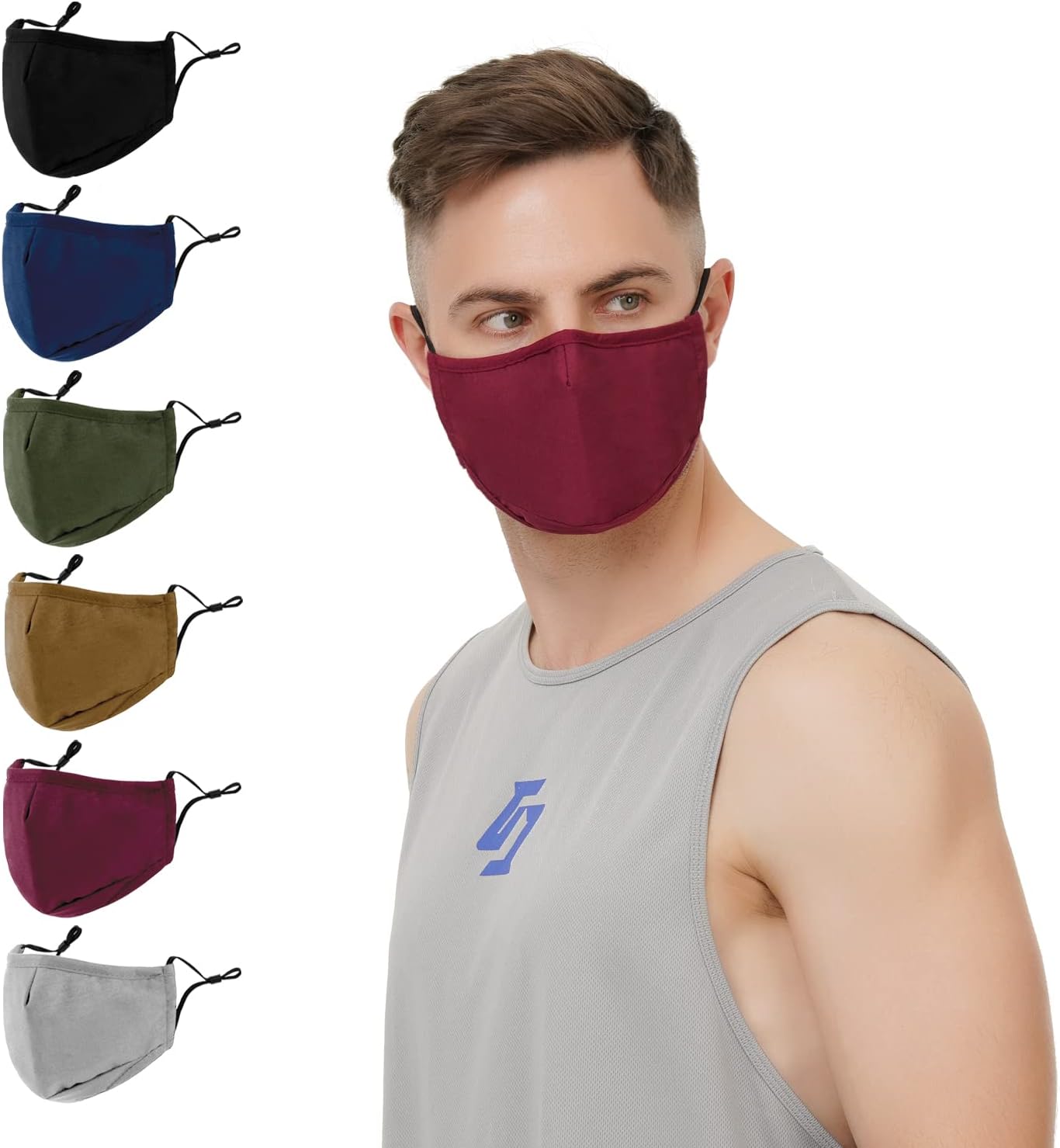 3-Ply Cloth Face Mask 6 Pack, Washable and Reusable Face Covering in Black, Grey, Wine Red, Dark Green, Dark Blue, Brown