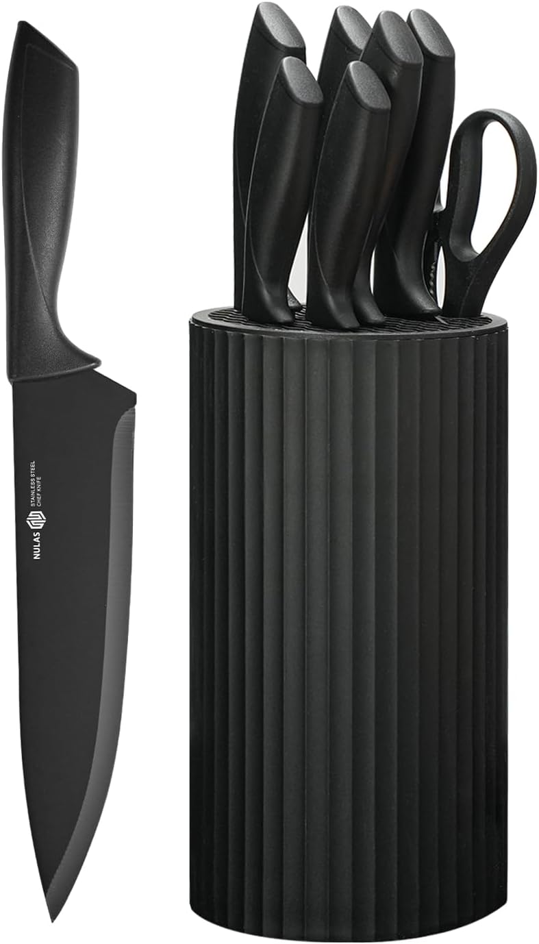 Knife Set, 8-Piece Kitchen Knife Set with Universal Block - Anti-Rust Chef Knives, Ergonomic Design, Dishwasher Safe (Black)