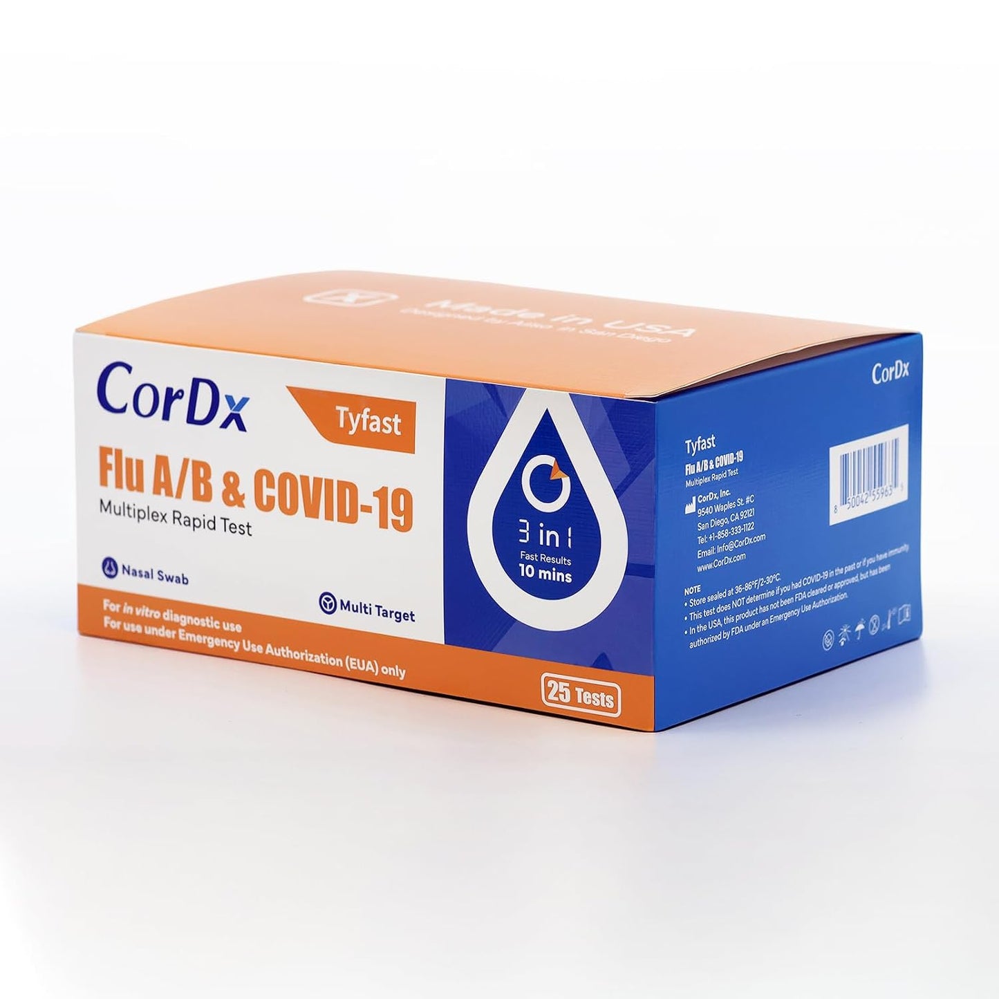 CorDx TyFast Flu A/B & COVID-19 Multiplex Rapid Test Kit, 25 Tests, 10 Minute Results