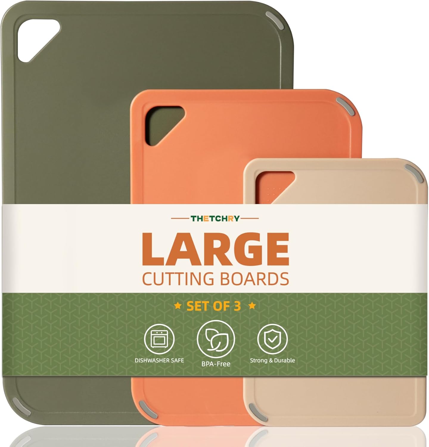 THETCHRY Plastic Cutting Board Set of 3-Cutting Boards for Kitchen BPA Free | Large-Small Chopping Boards, Non-Slip for Cooking, Dishwasher Safe, Camping, Portable, with Grip Handle, Sage Green