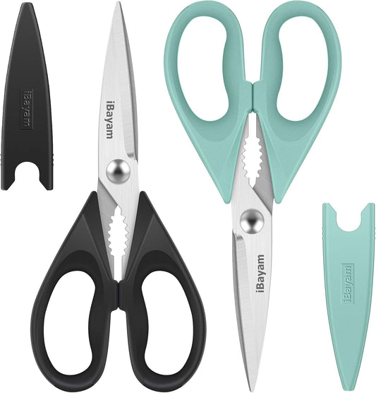 iBayam 2 Pack All Purpose Kitchen Scissors Shears Heavy Duty, Blade Covers | Stainless Steel Blade, Soft Comfort-Grip Handle, Dishwasher Safe, Food & Meat Scissors, Home, Kitchen, Dining Utility Gadgets
