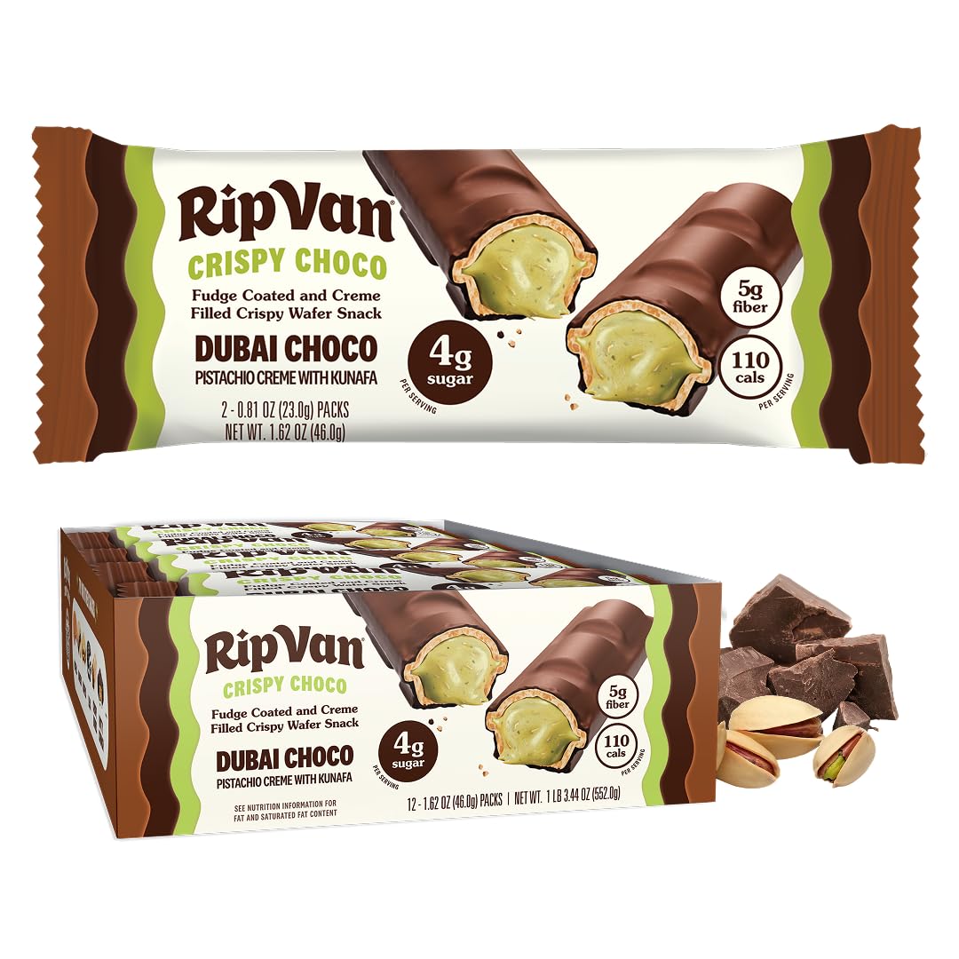 Rip Van Dubai Choco Bars – Healthy Snack with Creamy Pistachio & Toasted Kunafa – Dubai Choco Flavor – 4g Sugar, 5g Fiber – Guilt-Free Indulgence – 12 Pack