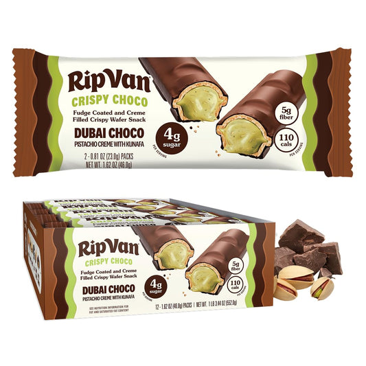 Rip Van Dubai Choco Bars – Healthy Snack with Creamy Pistachio & Toasted Kunafa – Dubai Choco Flavor – 4g Sugar, 5g Fiber – Guilt-Free Indulgence – 12 Pack