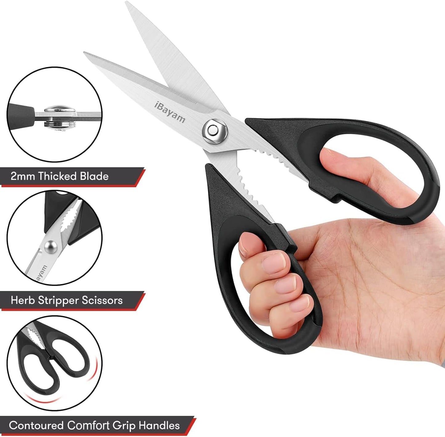 iBayam 2 Pack All Purpose Kitchen Scissors Shears Heavy Duty, Blade Covers | Stainless Steel Blade, Soft Comfort-Grip Handle, Dishwasher Safe, Food & Meat Scissors, Home, Kitchen, Dining Utility Gadgets