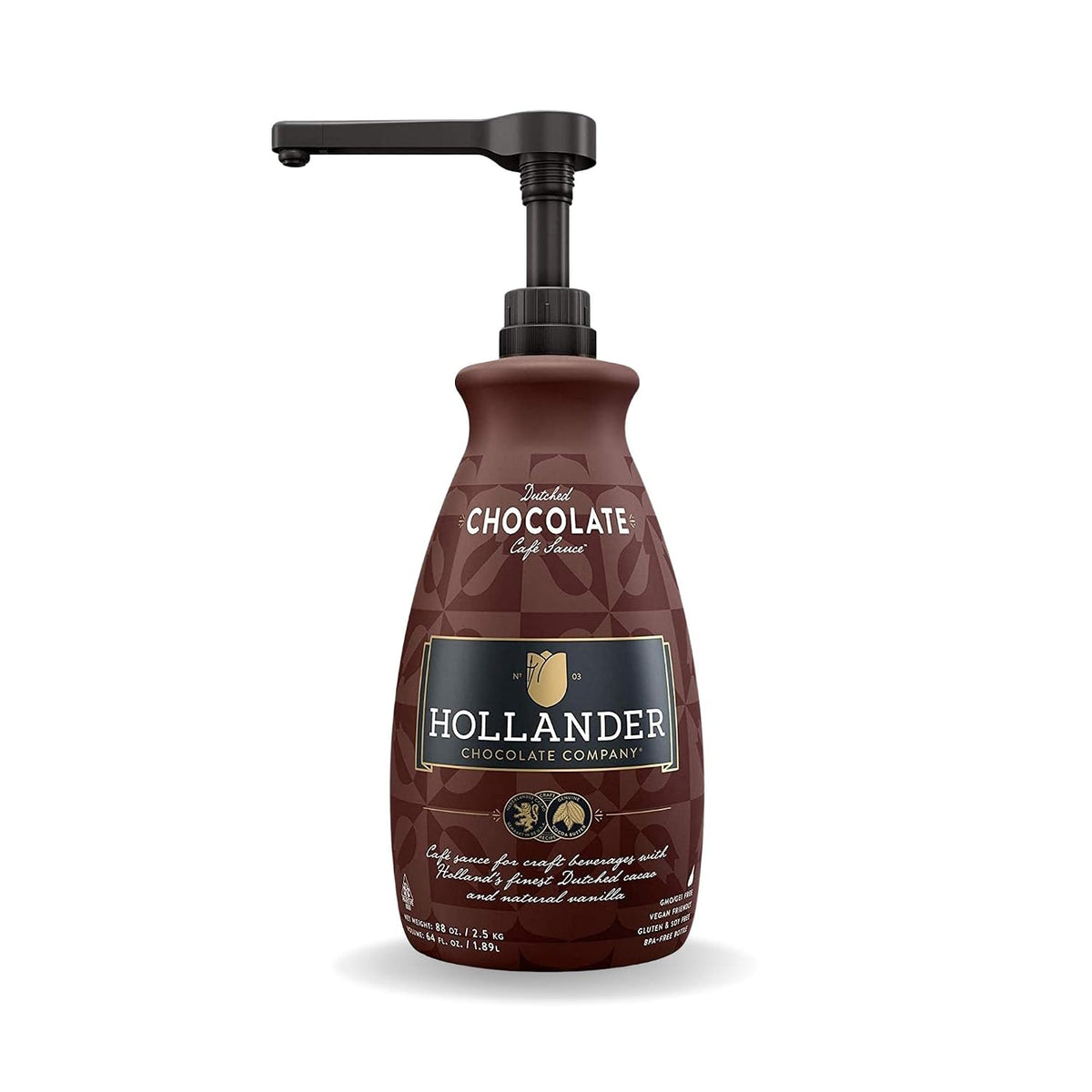 Dutched Chocolate Café Sauce™ by Hollander Chocolate Co. | Perfect for the Professional or Home Barista | Rainforest Alliance Certified | Net Wt. 89 oz (64 fl. Oz.) Large Bottle (PUMP Included)