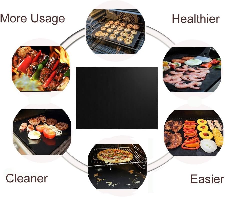Grill Mat Set of 6, Non-Stick, 15.75 x 13 Inch, Black | Reusable Mats for Gas, Charcoal, or Electric Grills, Easy to Clean