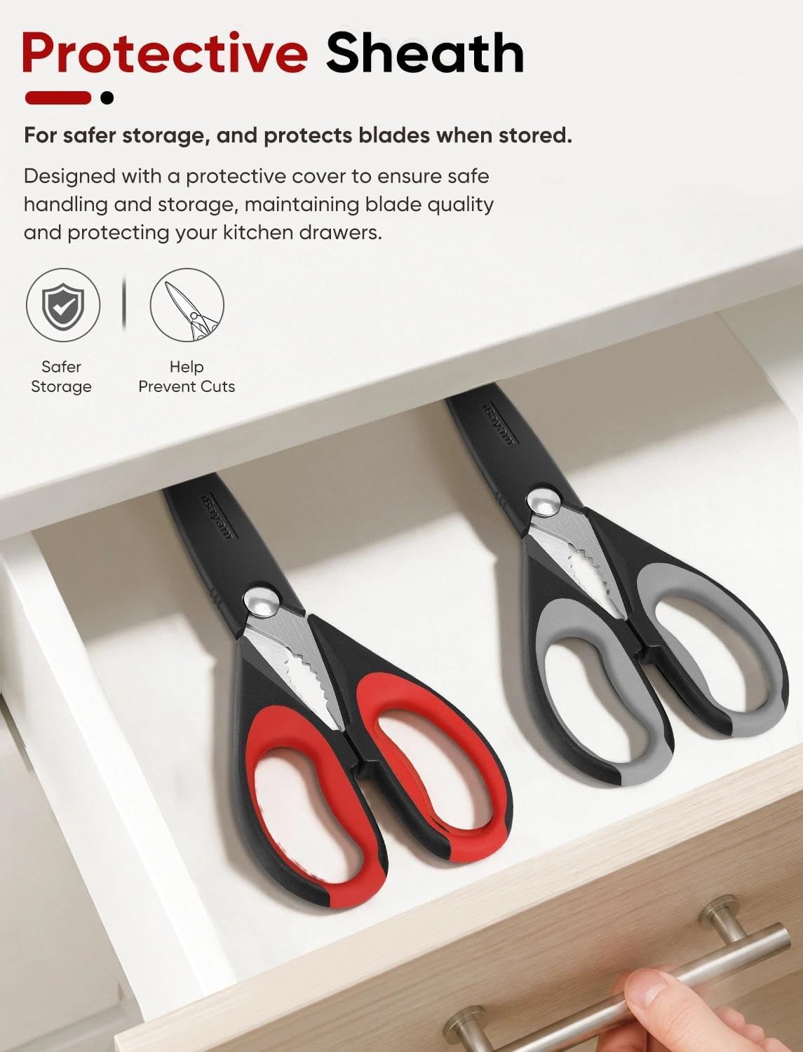 iBayam Kitchen Scissors Shears All Purpose Heavy Duty, Protective Sheath | 2-Pack, Ultra-Sharp Stainless Blades, Soft Comfort-Grip, Dishwasher Safe, Cutting Food Cooking Meat Poultry Kitchen Utensils