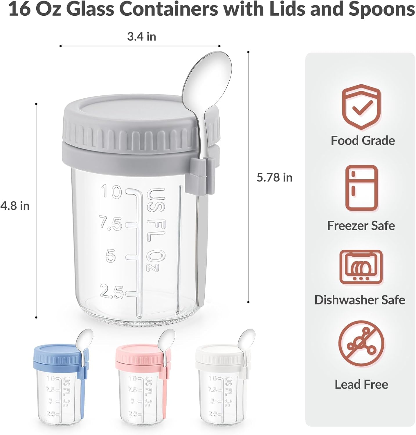 4 Pack Overnight Oats Containers with Lids and Spoons - DRKIO 16 Oz Glass Mason Jars for Overnight Oats Leak Proof Oatmeal Container Great for Cereal Fruit Vegetable Milk Salad Yogurt Meal Prep