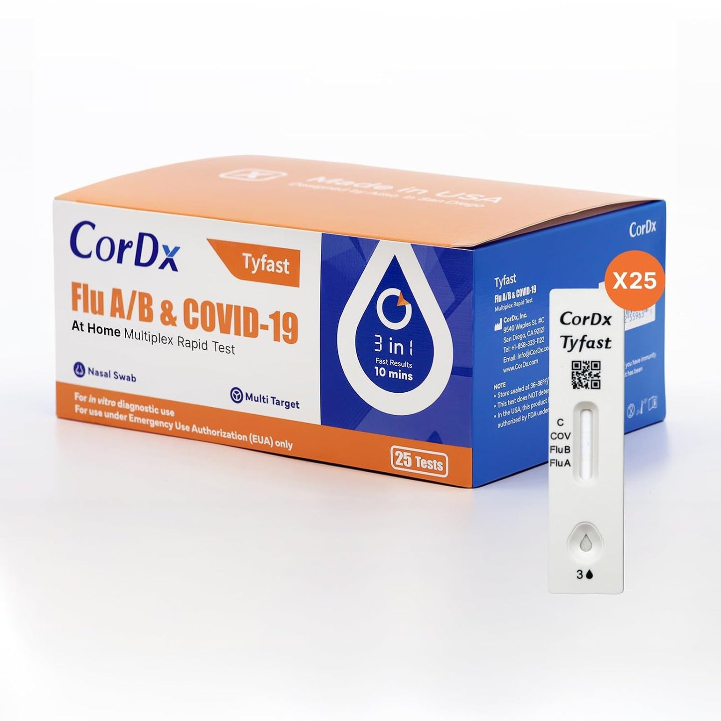 CorDx TyFast Flu A/B & COVID-19 Multiplex Rapid Test Kit, 25 Tests, 10 Minute Results