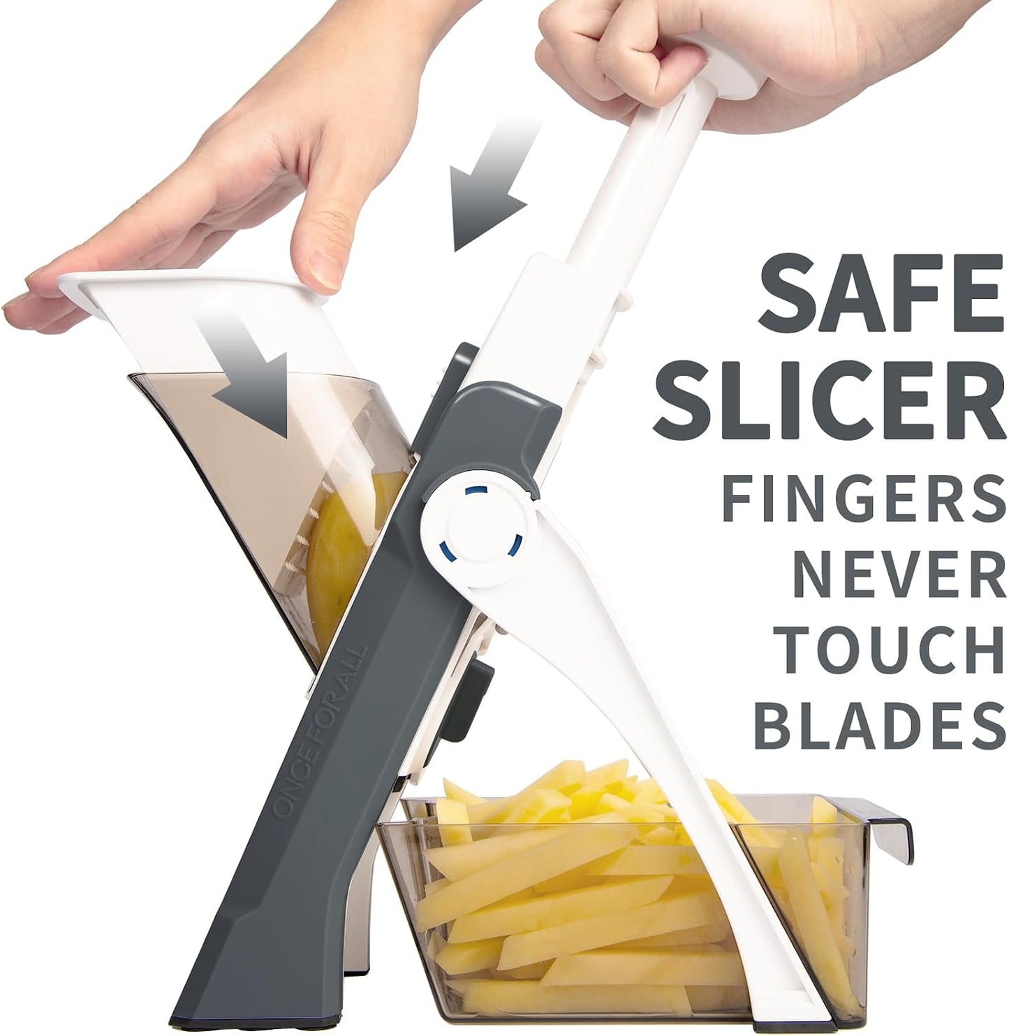 ONCE FOR ALL Safe Mandoline Slicer Kitchen, All in 1 Vegetable Slicer, Gray | Adjustable Thickness, Potato Slicer Veggie Chopper, Strips Julienne Dicer, French Fry Cutter, Dishwasher Safe, Kitchen Gift