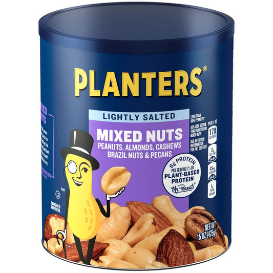 PLANTERS Lightly Salted Mix Nuts - 15 Oz Canister, Plant-Based Protein, Party Snack