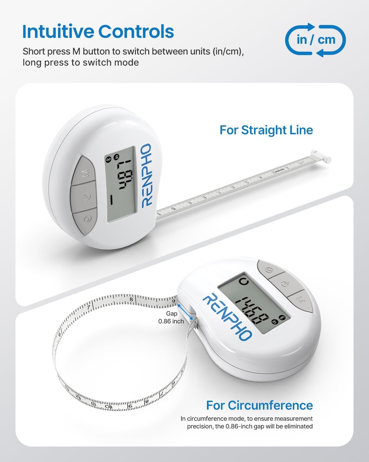RENPHO Bluetooth Body Measuring Tape, 60in/150cm, White