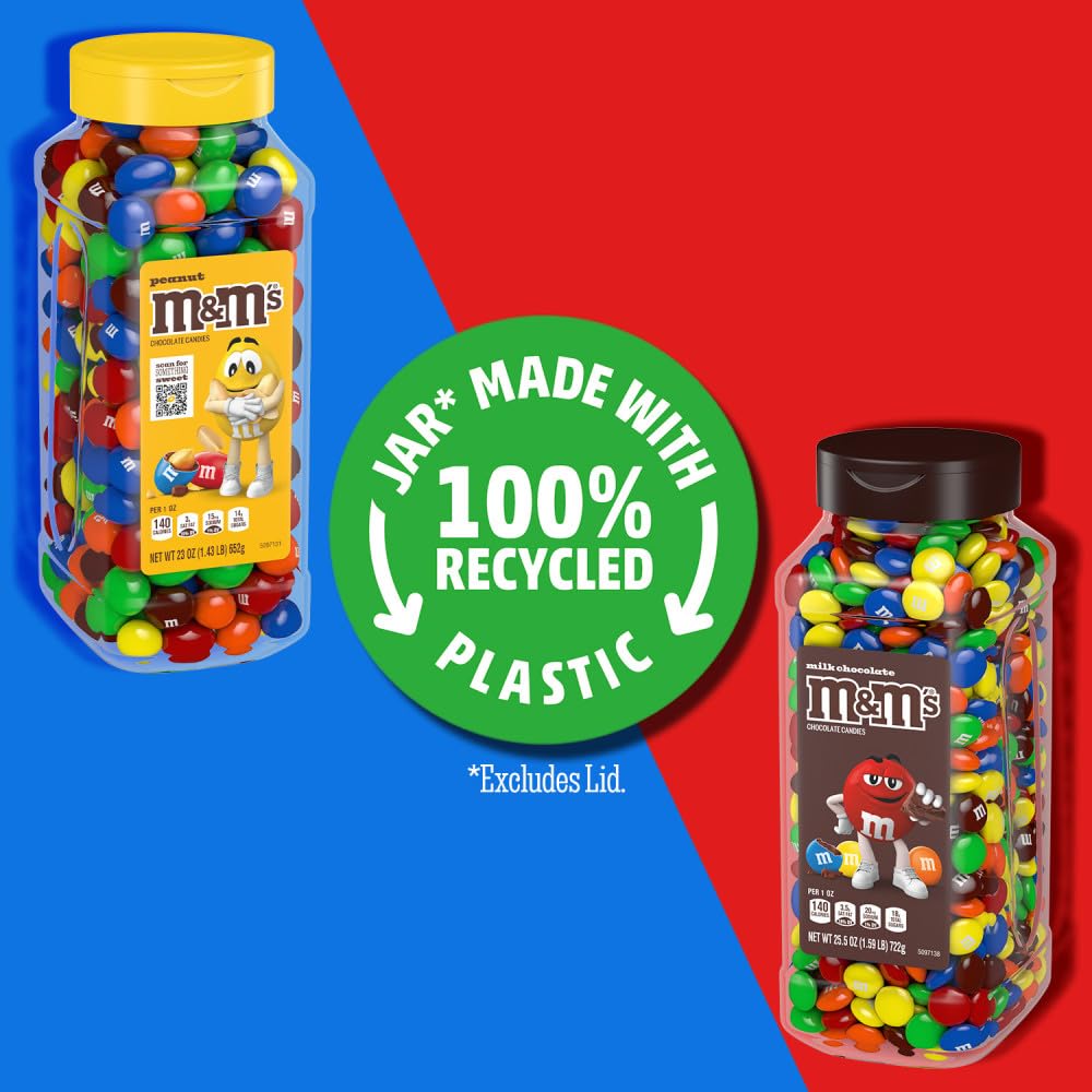 M&M's Milk Chocolate and Peanut Bulk Candy Jars, Assorted Chocolate Candies, Party Size, Movie Night Snacks, Resealable and Recyclable, 48.5 Ounces Total (Pack of 2)