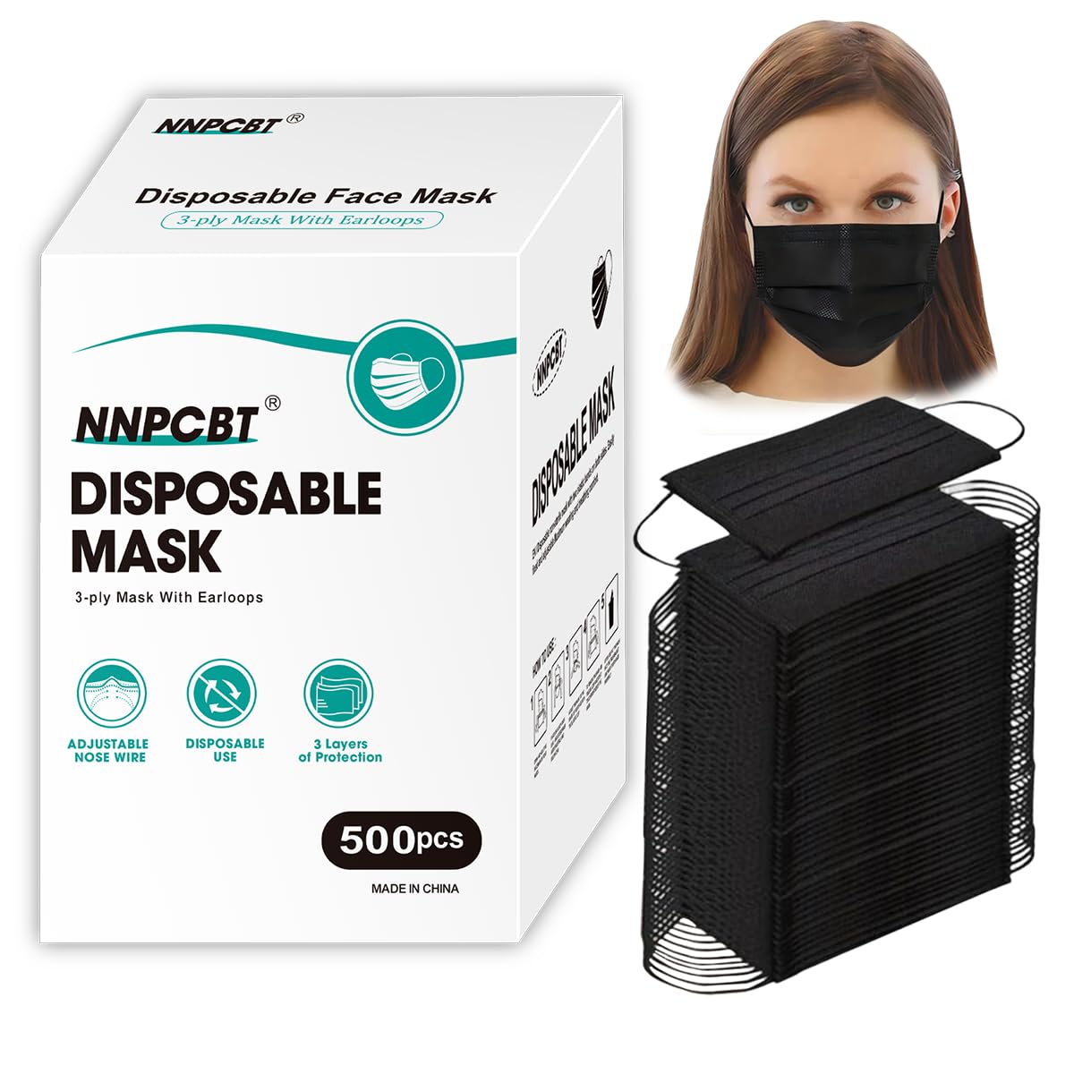 NNPCBT 100PCS 3 Ply Black Disposable Face Mask Filter Protection