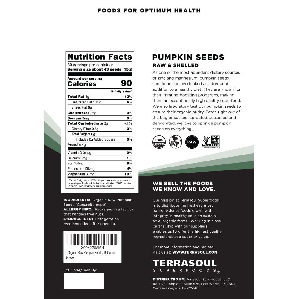 Terrasoul Superfoods Organic Pumpkin Seeds, 16oz - Raw, Unsalted, Superfood for Snacking & Salad Boost