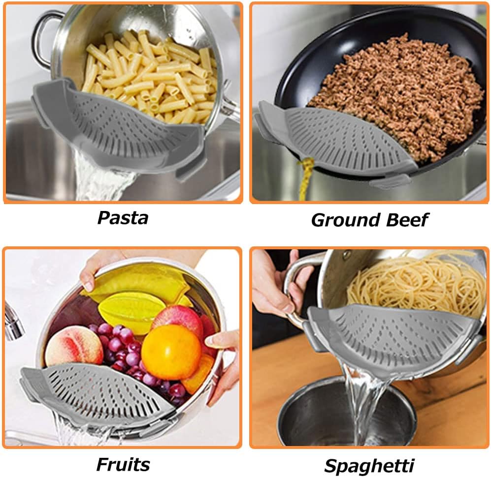 YEVIOR Clip on Strainer for All Pots Pan,Silicone Pasta Strainer | Food-grade BPA-free,Kitchen Gadgets, Food Strainer Collapsible Colander for Noodle,Vegetables,Fruit,Spaghetti (Grey)