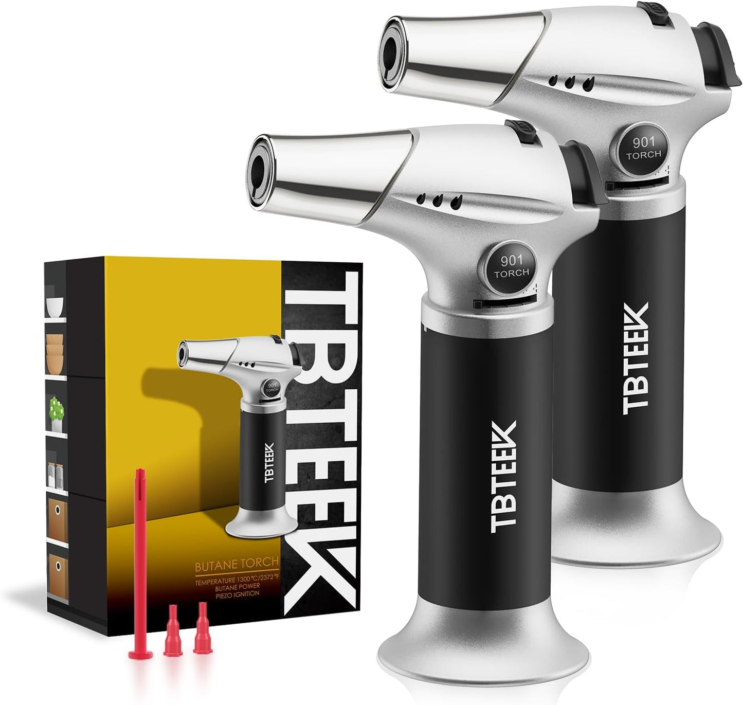 TBTeek Kitchen Butane Torch with Safety Lock for Baking, Crafts & Steak | 2500°F Adjustable Continuous Flame, One-Button Piezo Ignition, Ergonomic Comfort Grip, 3 refill adapters(Butane Not Included)