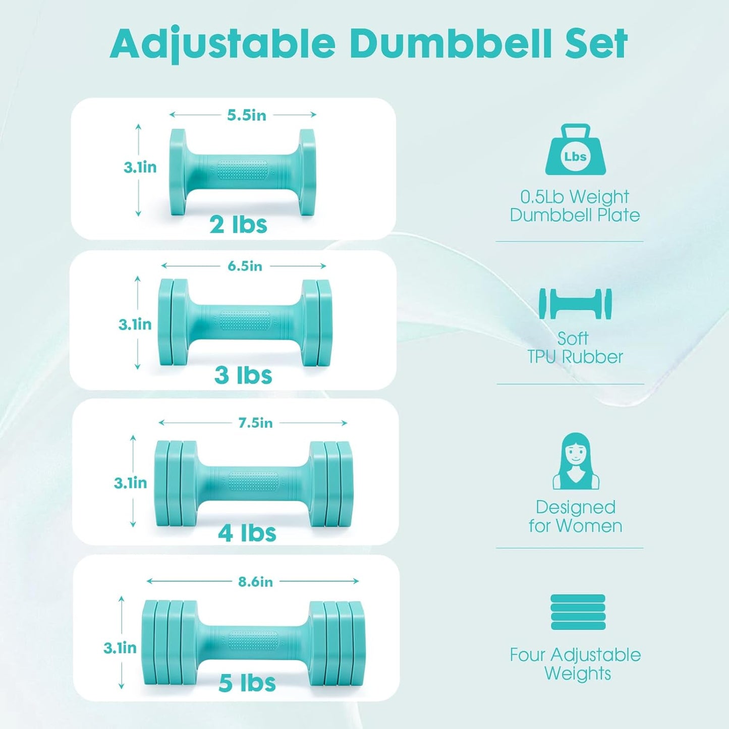EQUIPRO Adjustable Dumbbell Set for Women, 2lb-5lb Free Weights with Soft Rubber Handle