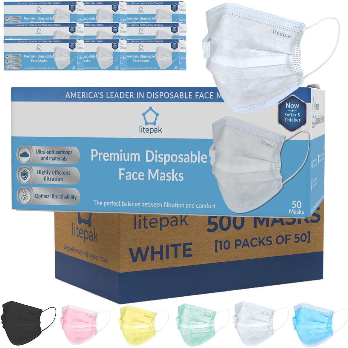 Litepak Premium Disposable Face Mask 500pcs 3ply Soft with Nose Wire
