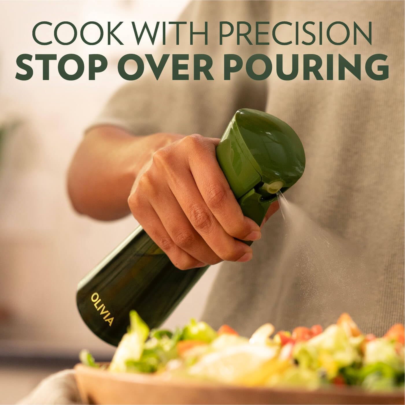 FLAIROSOL OLIVIA SIGNATURE Oil Sprayer for Cooking, 200ml Glass, Green/Gold | Portion control mist for air fryer, salad, BBQ, refillable & reusable, fine mist olive oil kitchen sprayer, anti-drip