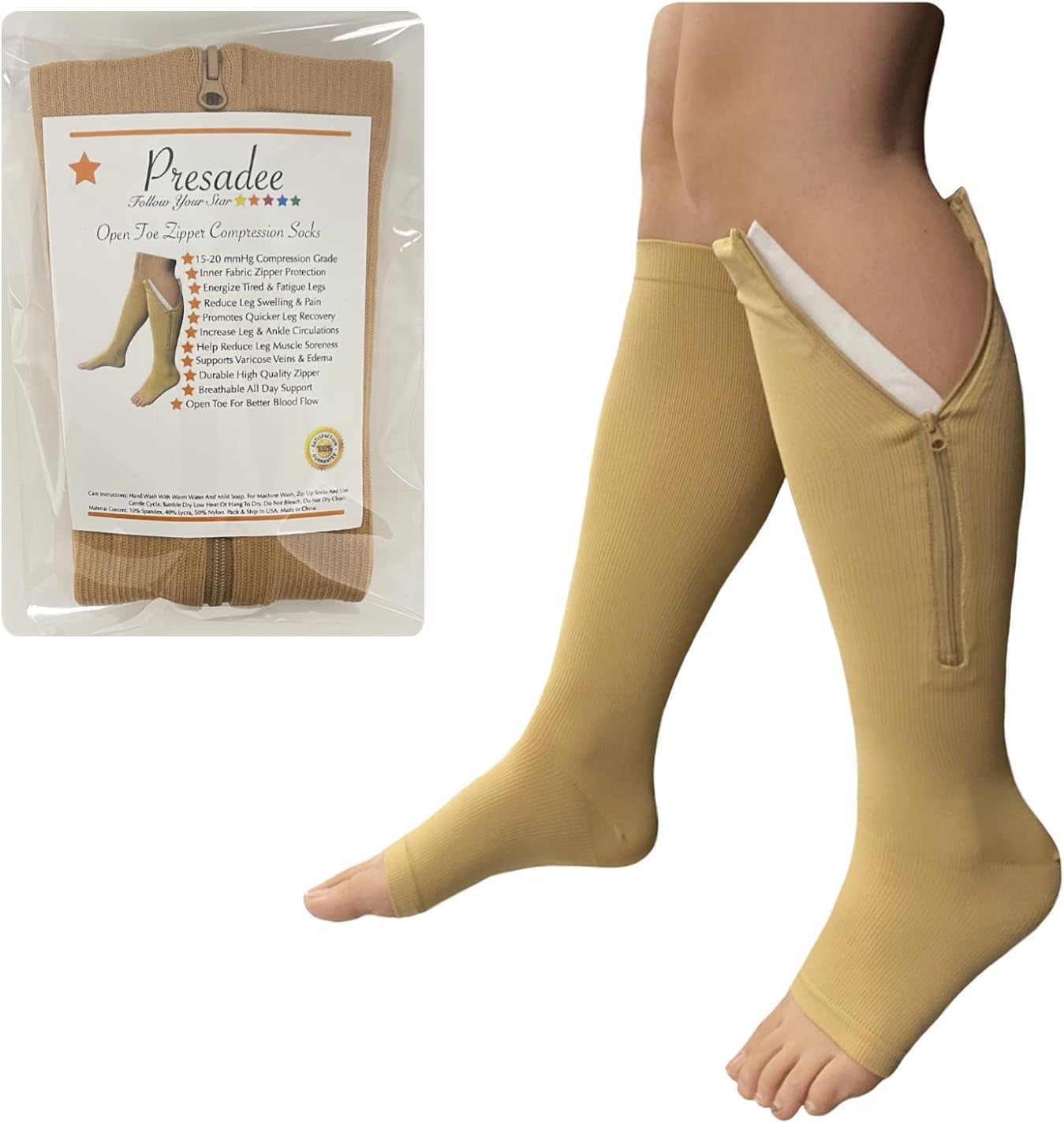 Presadee 15-20 mmHg Moderate Compression Open Toe Zipper Sock