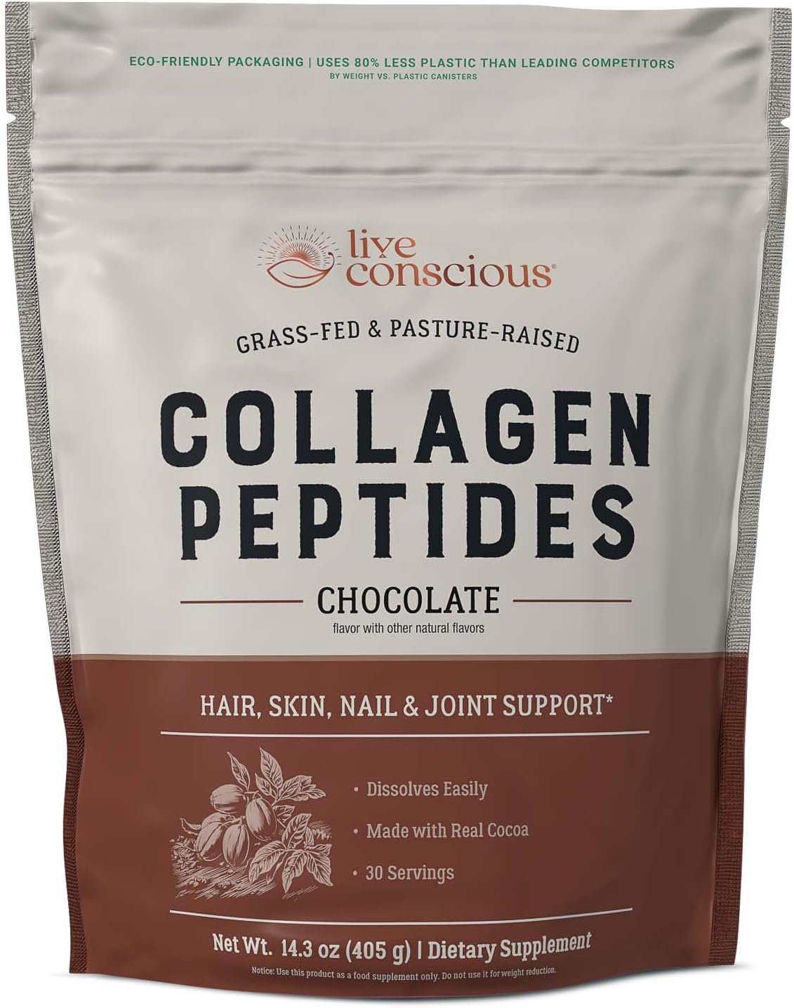 Live Conscious Collagen Peptides Powder - Chocolate Collagen Powder - Hair, Skin, Nail, and Joint Support - Type I & III Grass-Fed Collagen Supplements for Women and Men - 30 Servings - 15oz