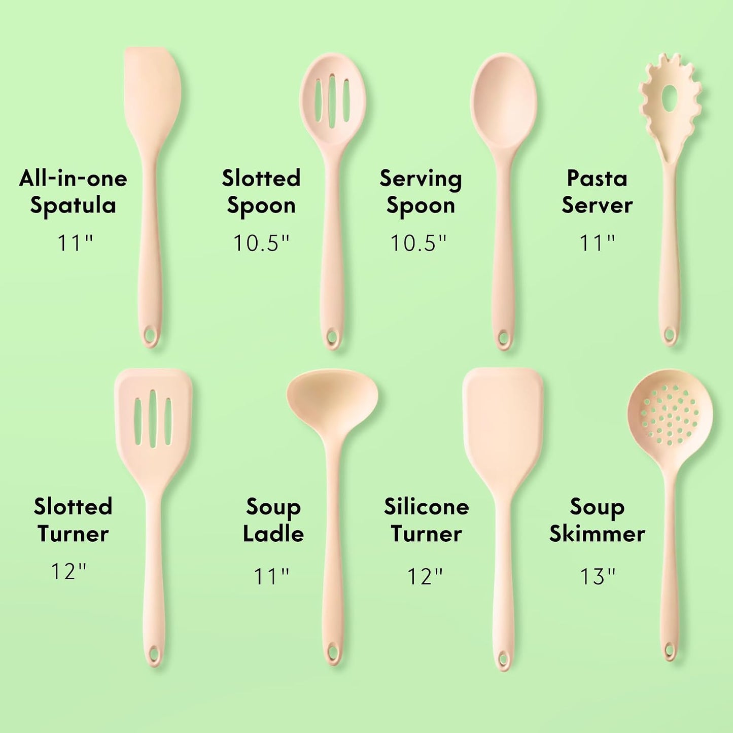 NonToxic Platinum Silicone Utensils, 100% Plastic-Free, 8-Pcs, Beige | LFGB-certified platinum silicone. Solid steel core, no hidden plastics. 500°F heat resistant. Non-scratch. Dishwasher safe