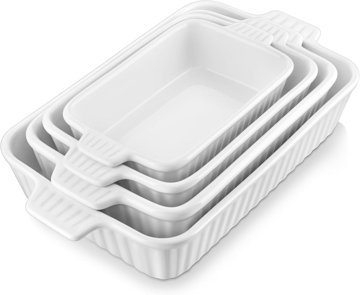 MALACASA Casserole Dishes for Oven, Ceramic Baking Dishes Set of 4, White | Rectangular Deep Lasagna Pans with Handles for Roasting Vegetable, Cake, Durable Bakeware, Wedding Gift(9.4/11.1/12.2/14.7")