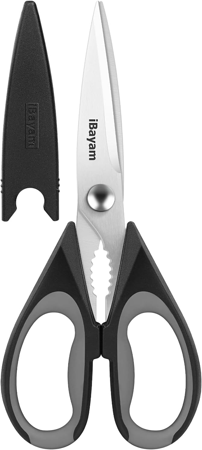 iBayam 3-Pack 8.7" Kitchen Scissors All Purpose Heavy Duty Shears w/Sheath | Soft Comfort Grip, Dishwasher Safe, Stainless Micro-Serrated Edge Blades, Cooking Poultry Herbs Meat Kitchen Utensils Gadgets