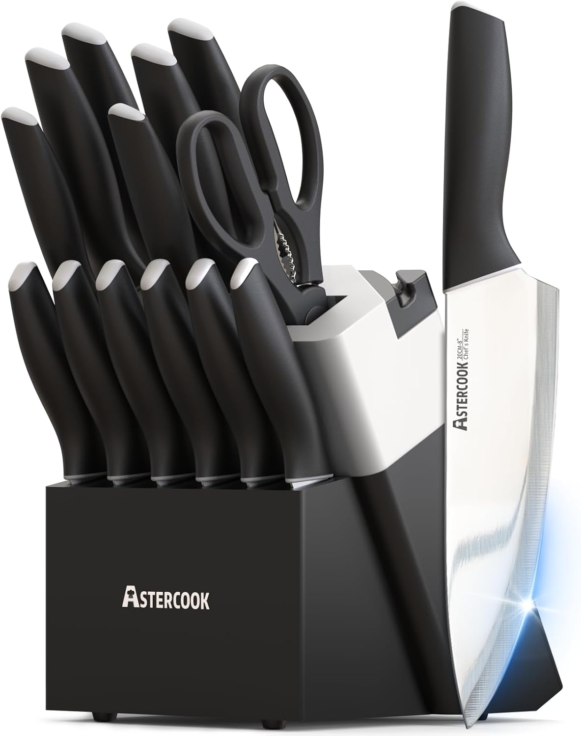 Astercook Knife Set, Kitchen Knives Set with Block and Sharpener 15 Pcs German Stainless Steel Knives Sharp Blade Dishwasher Safe Deba Knives with Ergonomic Handle, Crystal Pink