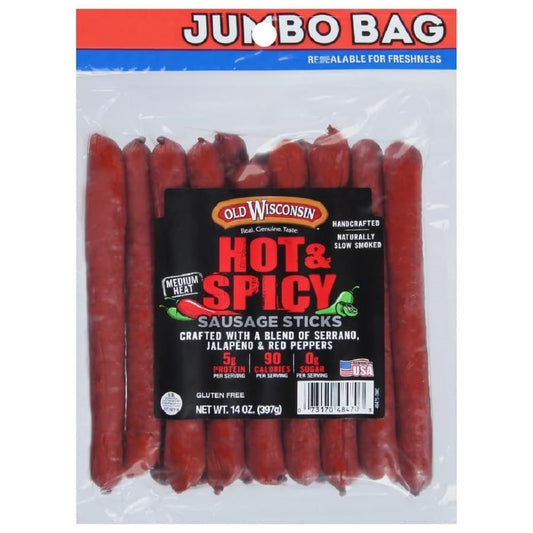 Old Wisconsin Hot & Spicy Sausage Snack Sticks, 14 Ounce Resealable Package