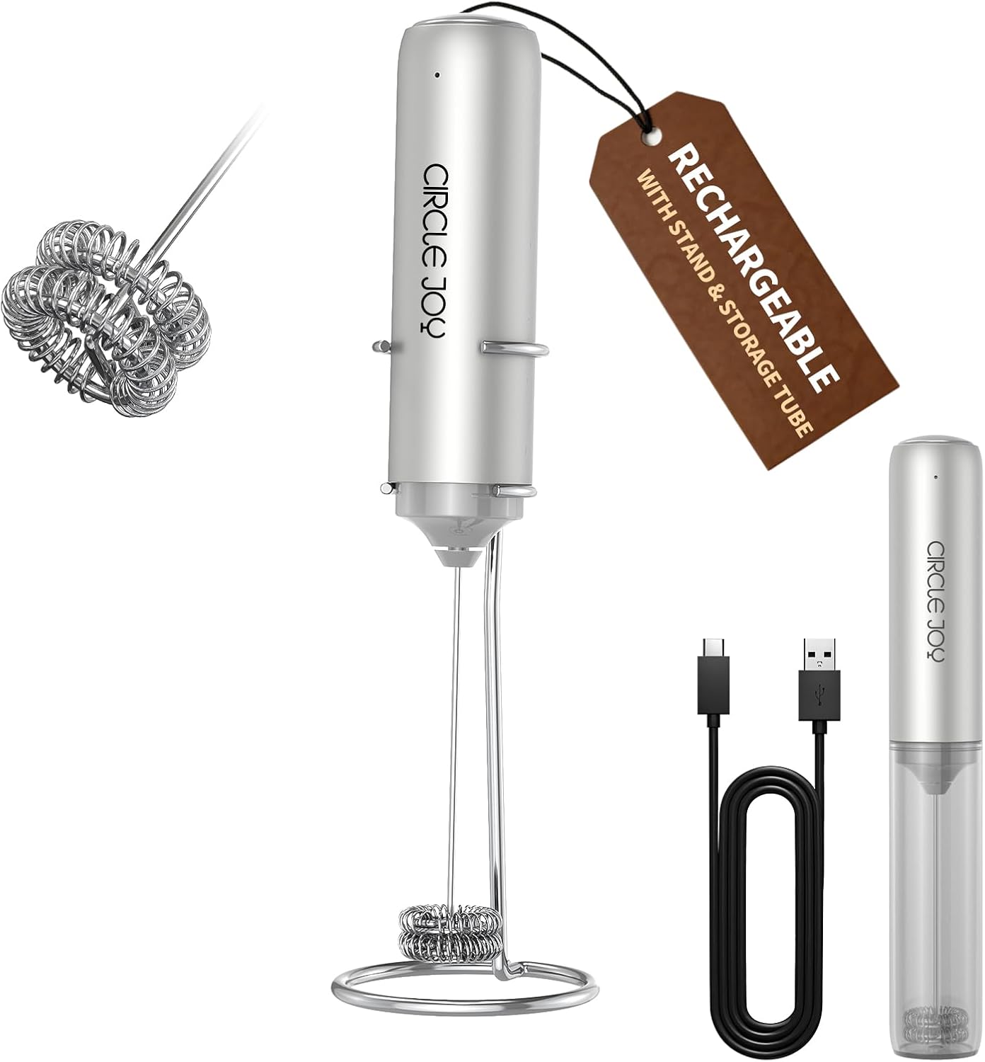 CIRCLE JOY Rechargeable Milk Frother Hanheld, Dual Coil Whisk Head Electric Coffee Frother, Portable Hand Frother Wand Drink Mixer for Matcha Lattes Cappuccino, Kitchen Gifts, Black