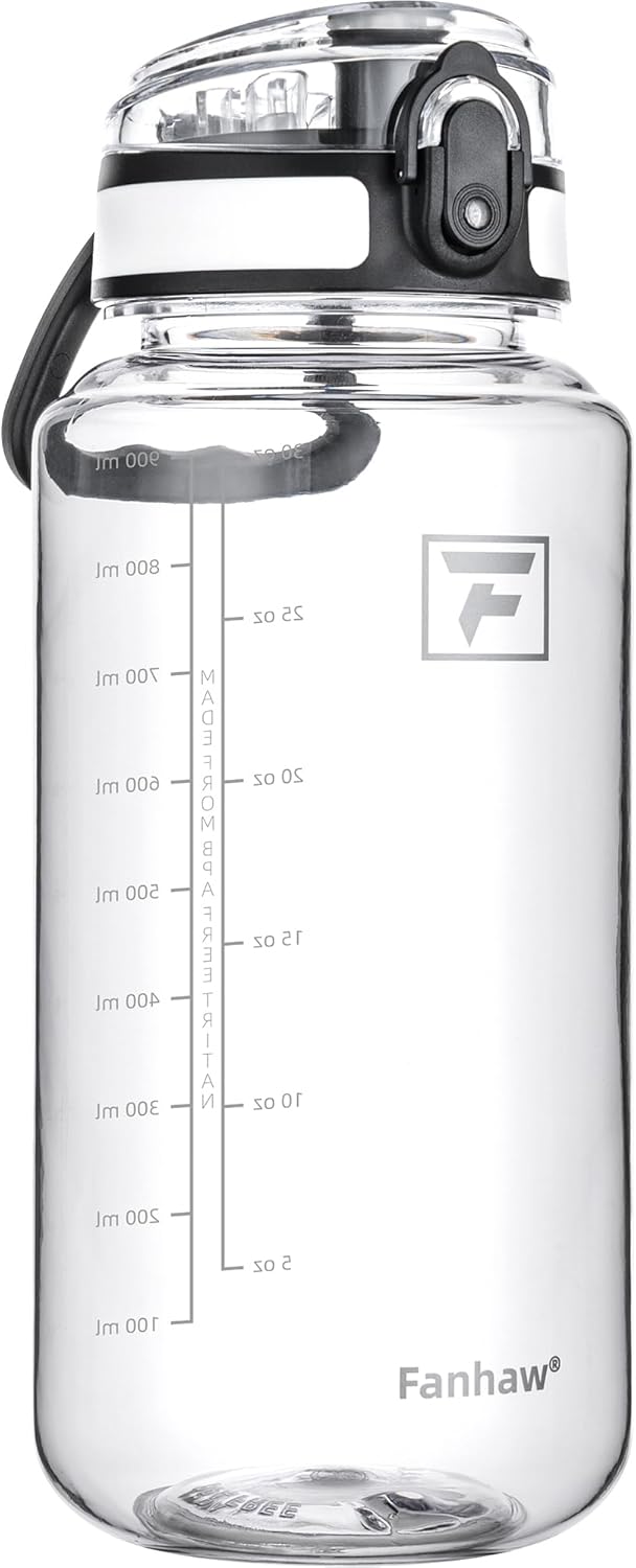 Fanhaw 32 Oz Clear Tritan Water Bottle, BPA-Free & Leak-Proof, Wide Mouth with Anti-dust Chug Lid, Reusable Plastic Bottle for Gym, Travel, School & Office (Clear&White)