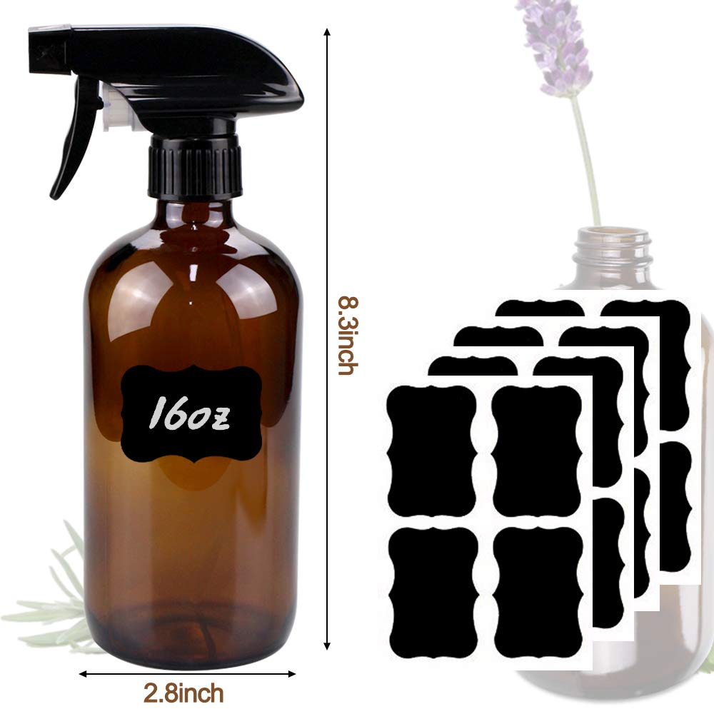 Bontip Glass Spray Bottle 16 oz for Cleaning, Plants (2 Pack, Amber) | Refillable amber spray bottle Set, BPA-free eco glass, With labels and funnel, Great for cleaners, plant misting, hair care