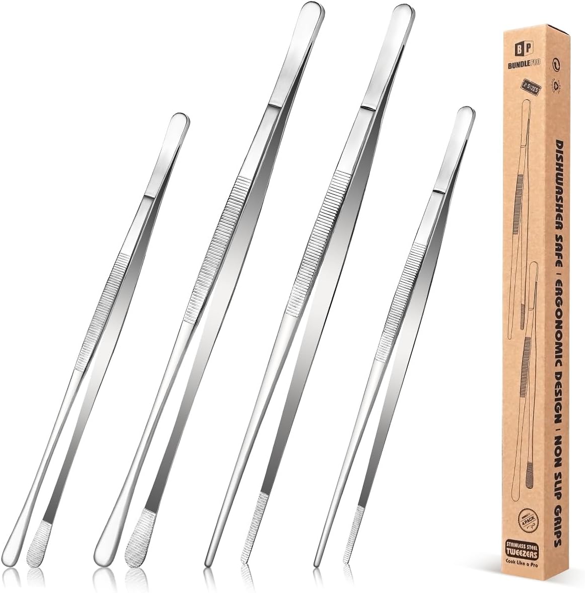 4 Pcs Fine Long Tweezer Tongs Professional Black, 12'' and 10'' Stainless Steel for Kitchen, Food, Cooking, Repairing, Sea food and BBQ