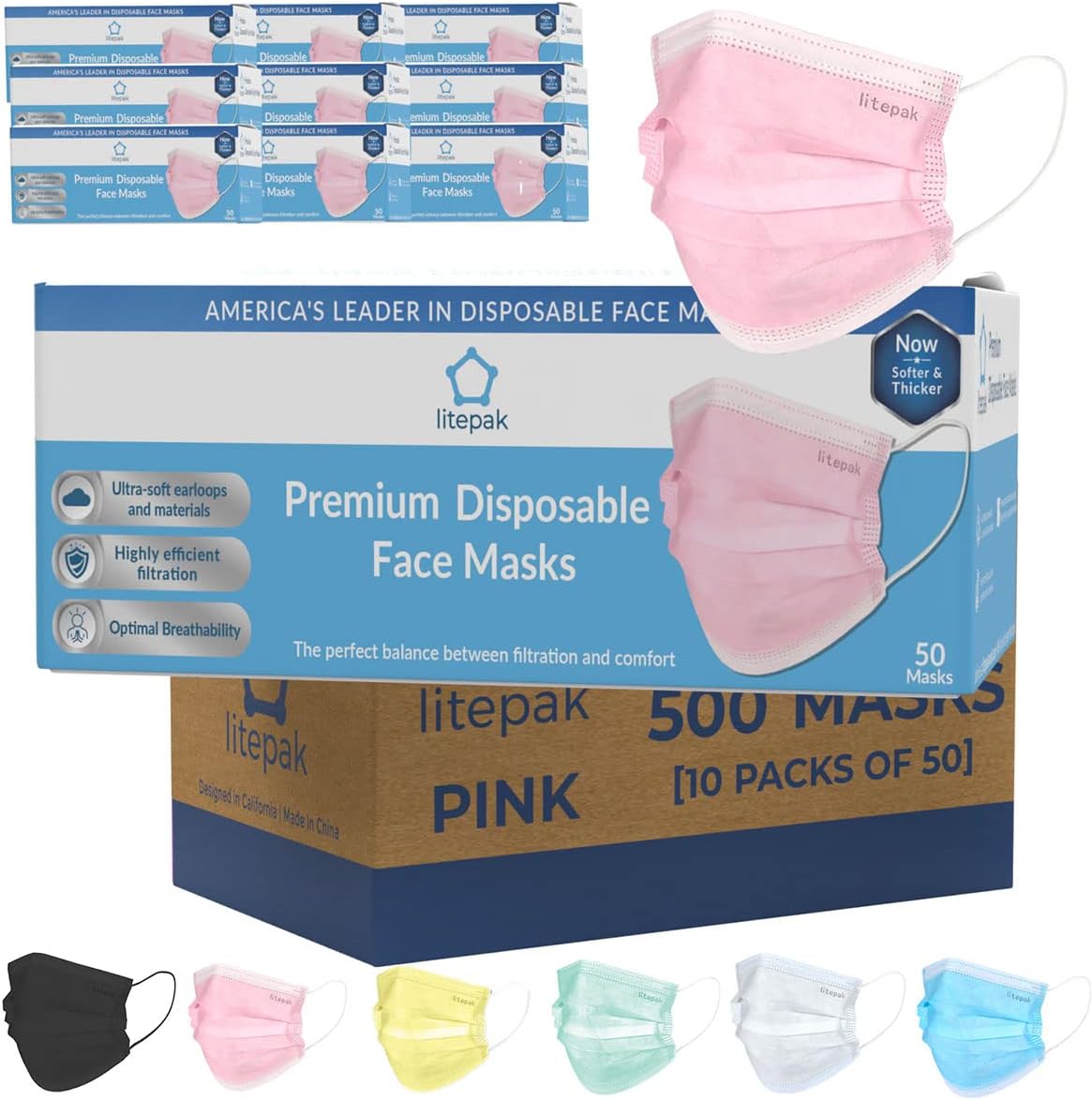 Litepak Premium Disposable Face Mask 500pcs 3ply Soft with Nose Wire