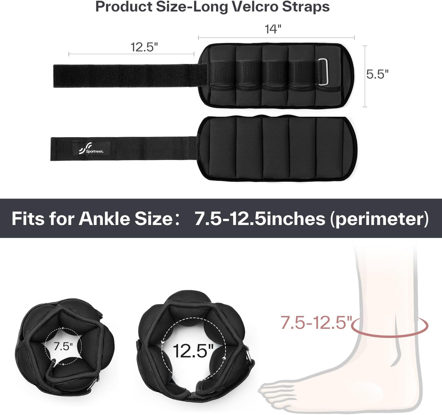Sportneer Adjustable Ankle Weights Set - 2-10 lbs Removable Neoprene Leg Weights