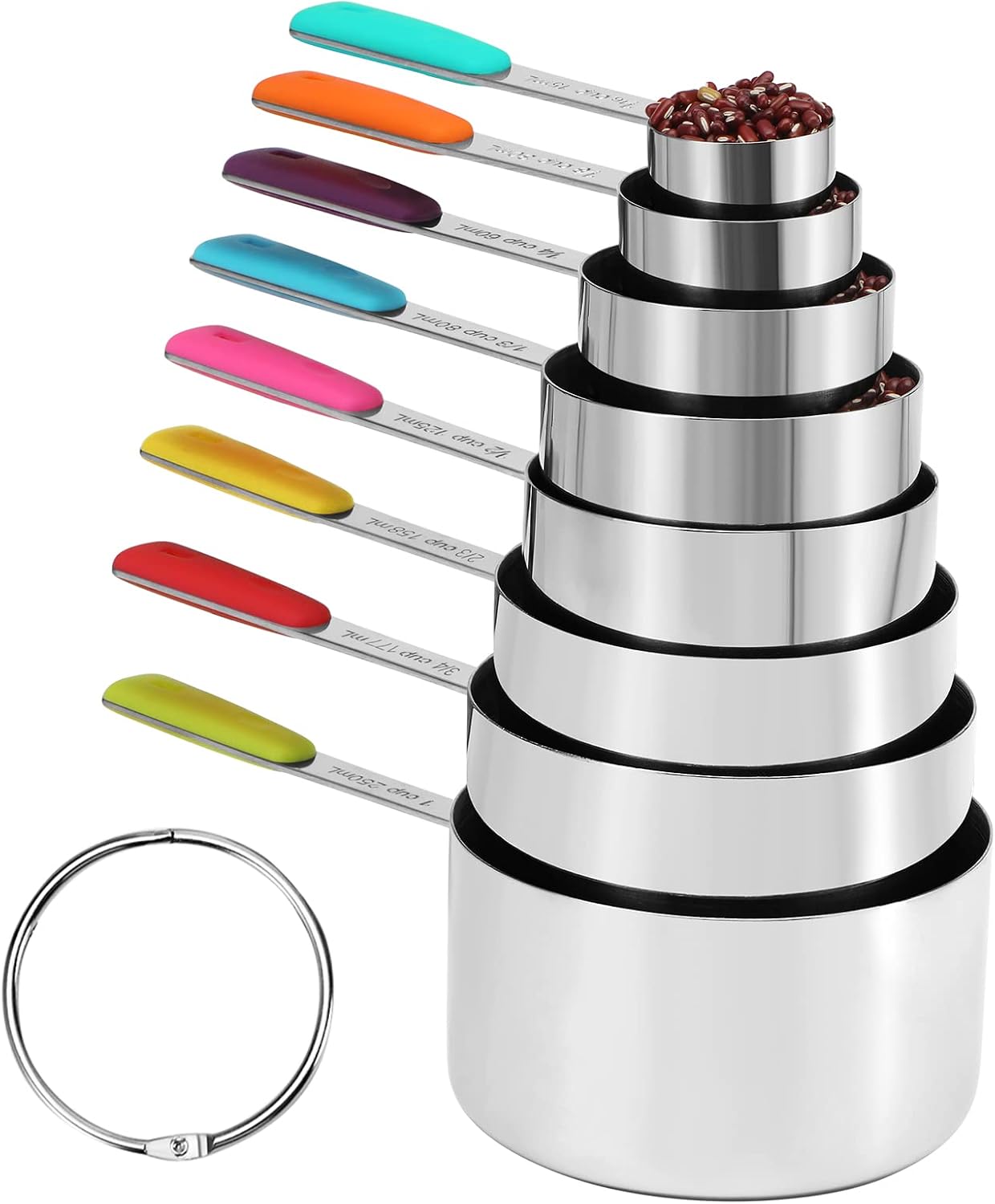 Bopei Measuring Cups and Spoons Set Stainless Steel 10 Piece for Cooking and Baking (5 Cups + 5 Spoons, Colorful Handles)
