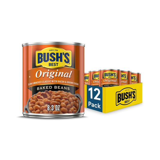 Bush's Best 8.3 oz Canned Original Baked Beans, Gluten Free, Low Fat, Plant Based Protein, Fiber, Pack of 12